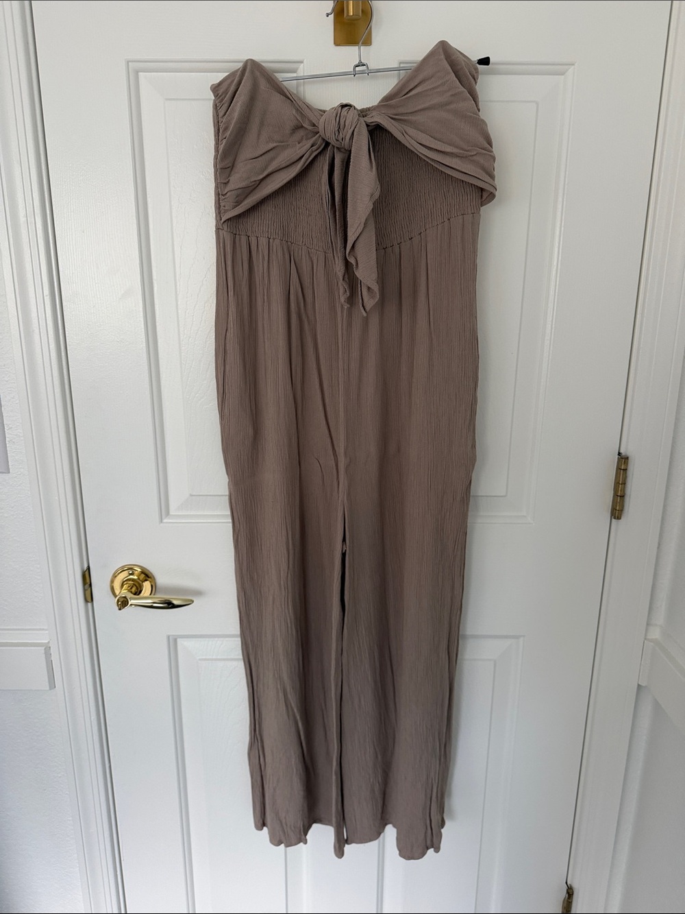 Francesca's Collections Taupe Strapless Tie-Front Jumpsuit